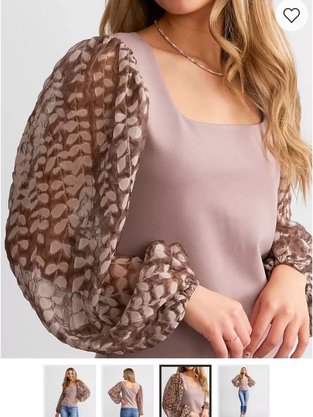 Mauve Square Neck Top with Sheer Patterned Balloon Sleeves